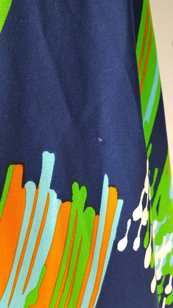 Condition close-up showing a small fabric snag on the front-right area of the navy Lanvin maxi dress.