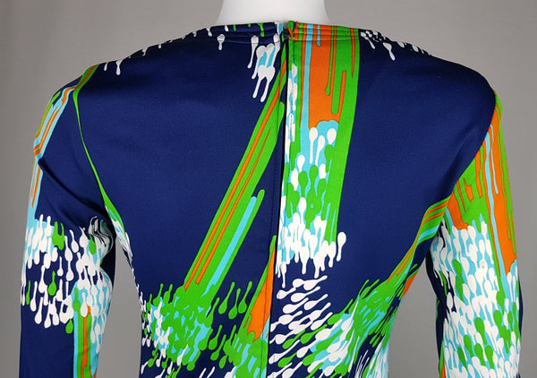 Close-up back view showing the shoulders, rear neckline and centre-back zipper of a vintage 1970s Lanvin dress.