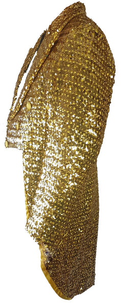 Full side view of a vintage 1970s Rubie’s gold sequin tailcoat jacket with a cropped front and long split tails.