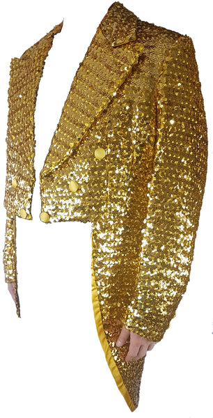 Full three quarter view of a vintage 1970s Rubie’s gold sequin tailcoat jacket with a cropped front and long split tails.