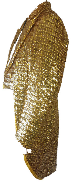 Full side view of a vintage 1970s Rubie’s gold sequin tailcoat jacket with a cropped front and long split tails.