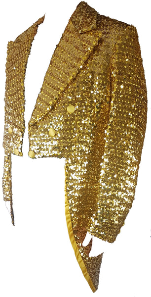 Full three quarter view of a vintage 1970s Rubie’s gold sequin tailcoat jacket with a cropped front and long split tails.