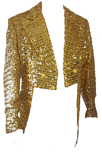 Full front view of a vintage 1970s Rubie’s gold sequin tailcoat jacket with a cropped front and long split tails.