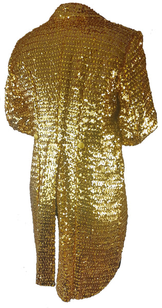 Full back view of a vintage 1970s Rubie’s gold sequin tailcoat jacket with a cropped front and long split tails.