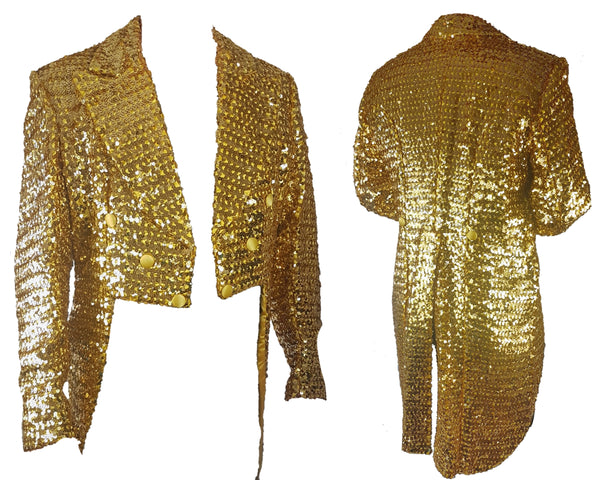 Composite front and back views of a vintage 1970s Rubie’s gold sequin tailcoat jacket with a cropped front and long split tails.