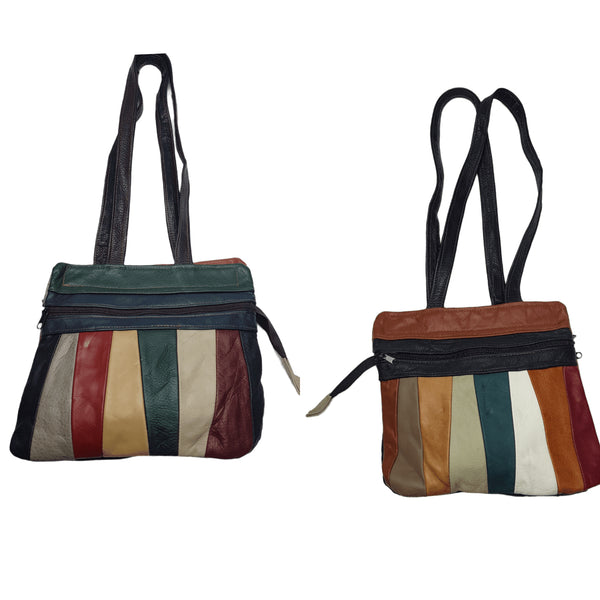 Vintage 70's | Multicolored Striped Mexican Leather Bag |  Earth Tones Leather Purse