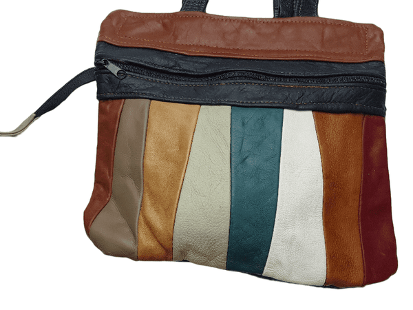 Vintage 70's | Multicolored Striped Mexican Leather Bag |  Earth Tones Leather Purse