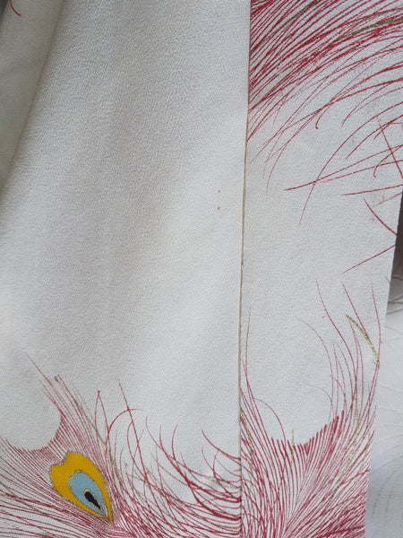 Faint age spots on Vintage 1950s to 1960s Japanese haori, featuring red peacock feather motifs with blue, yellow, black and metallic gold details