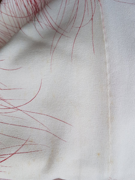 Faint age spots on Vintage 1950s to 1960s Japanese haori, featuring red peacock feather motifs with blue, yellow, black and metallic gold details