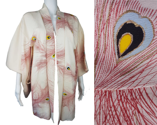 Vintage 1950s to 1960s Japanese haori on a mannequin, featuring red peacock feather motifs with blue, yellow, black and metallic gold details - front view and closeup of peacock feather motif