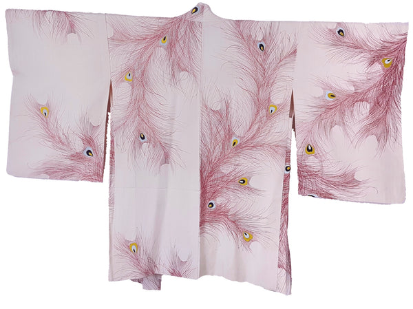 Vintage 1950s to 1960s Japanese haori, featuring red peacock feather motifs with blue, yellow, black and metallic gold details - back view