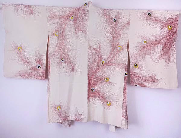 Vintage 1950s to 1960s Japanese haori, featuring red peacock feather motifs with blue, yellow, black and metallic gold details - back view
