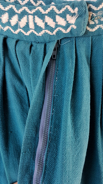 Zipper view of Vintage 1950s Mayan Modern Guatemalan cotton skirt in rich blue and white with traditional geometric woven motifs displayed on a mannequin