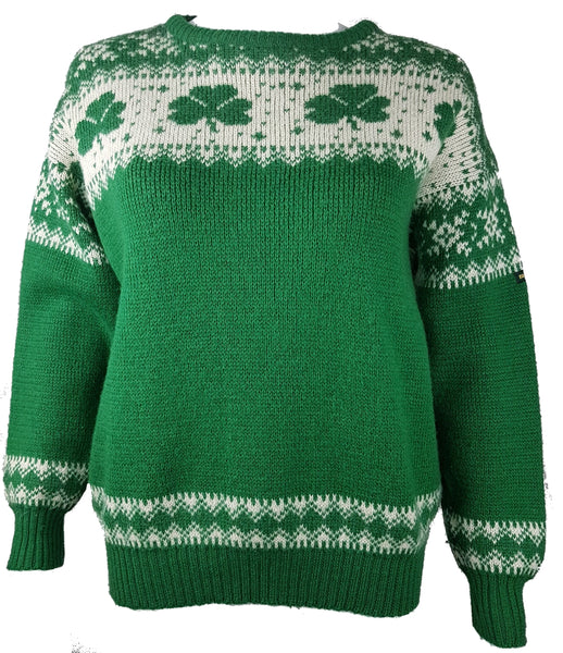 Vintage 1970s - 1980s Blarney Castle Irish fisherman’s green wool sweater with white shamrock and patterns on a mannequin