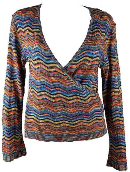 Full front product view of a vintage 1990s Holt Renfrew multicolour chevron-knit faux-wrap top with long sleeves and a deep V-neckline.