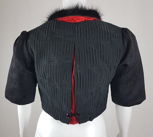 Vintage 1980s - 1990s Black Brocade and Fur Collar Bolero Crop Jacket