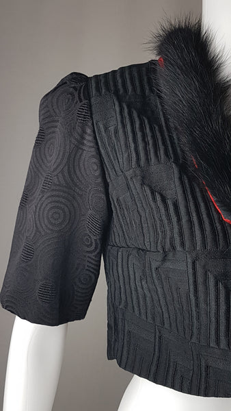 Vintage 1980s - 1990s Black Brocade and Fur Collar Bolero Crop Jacket