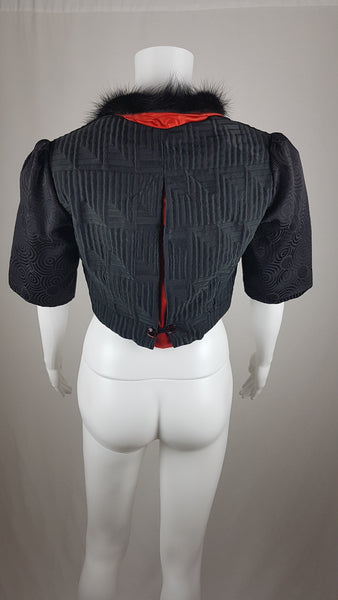 Vintage 1980s - 1990s Black Brocade and Fur Collar Bolero Crop Jacket