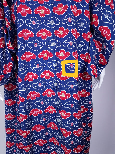 Flaws circled in yellow - small hole, largest one is on back panel and about 1cm in size. Vintage hand-stitched full-length Japanese cotton kimono displayed on a mannequin, with a bold blue, red and white lotus flower print 
