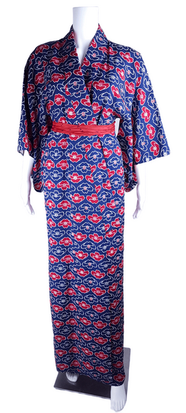 Vintage hand-stitched full-length Japanese cotton kimono displayed on a mannequin, with a bold blue, red and white lotus flower print - front view