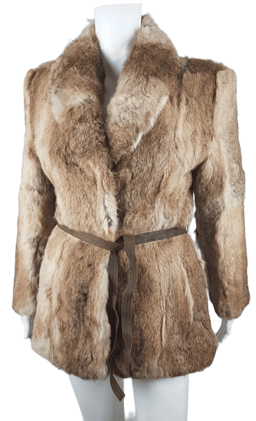 Vintage late 1980s to early 1990s brown rabbit fur jacket on a mannequin with a wide collar and leather tie belt - front view