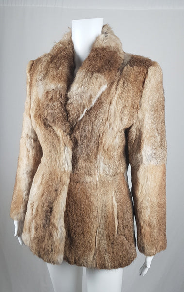 Vintage late 1980s to early 1990s brown rabbit fur jacket on a mannequin with a wide collar without the leather tie belt - front view